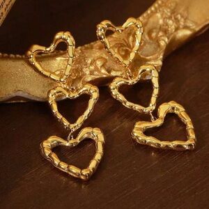Triple Heart Gold Drop Earrings